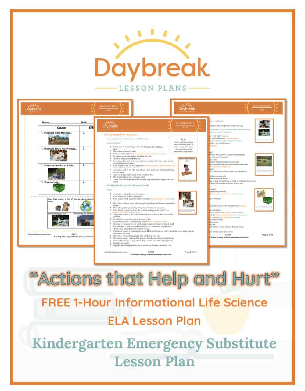 Illustration of the free Kindergarten ELA lesson plan covers