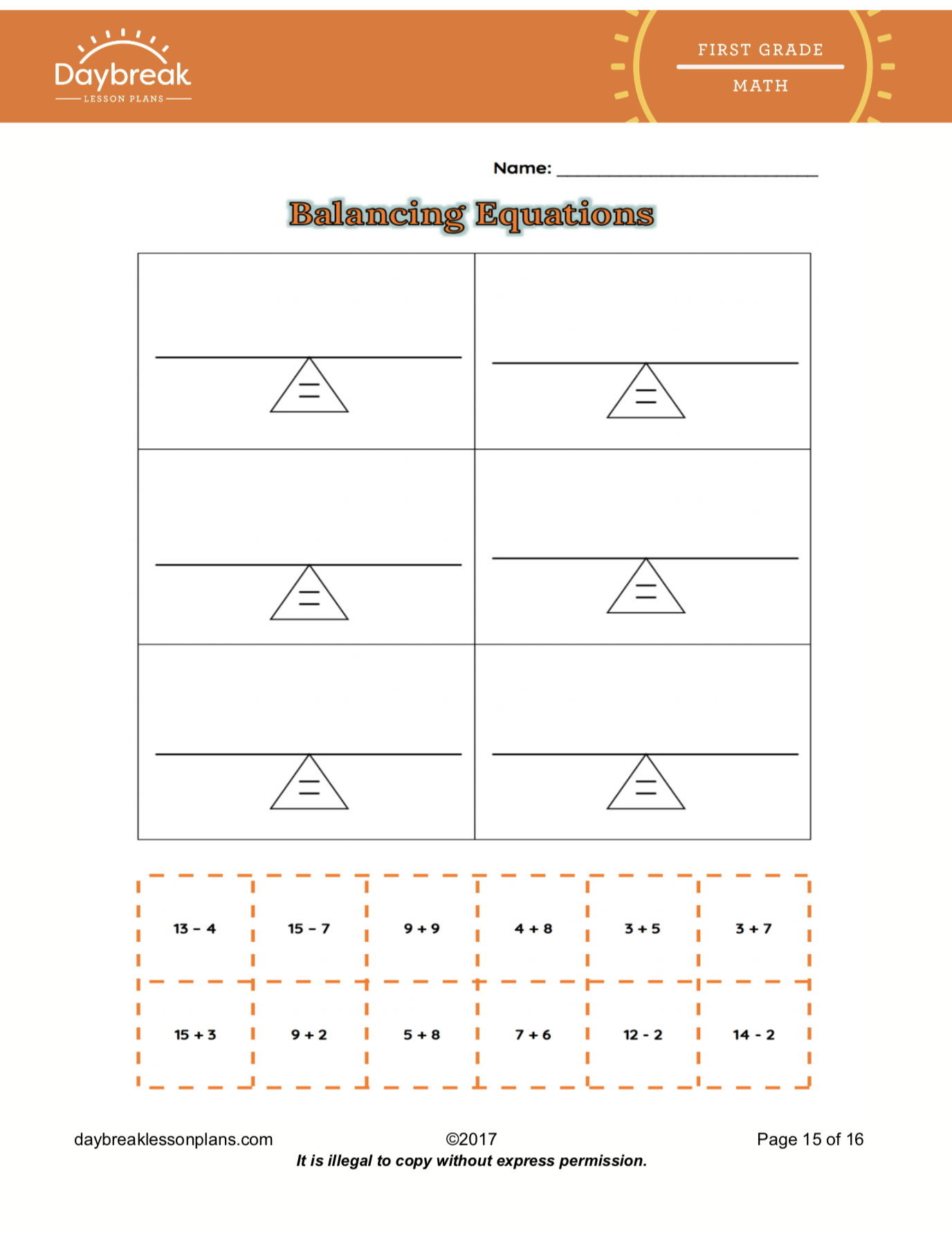 Equals Sign: Add/Subtract within 20 - Page 1 of 0 - Daybreak Lessons