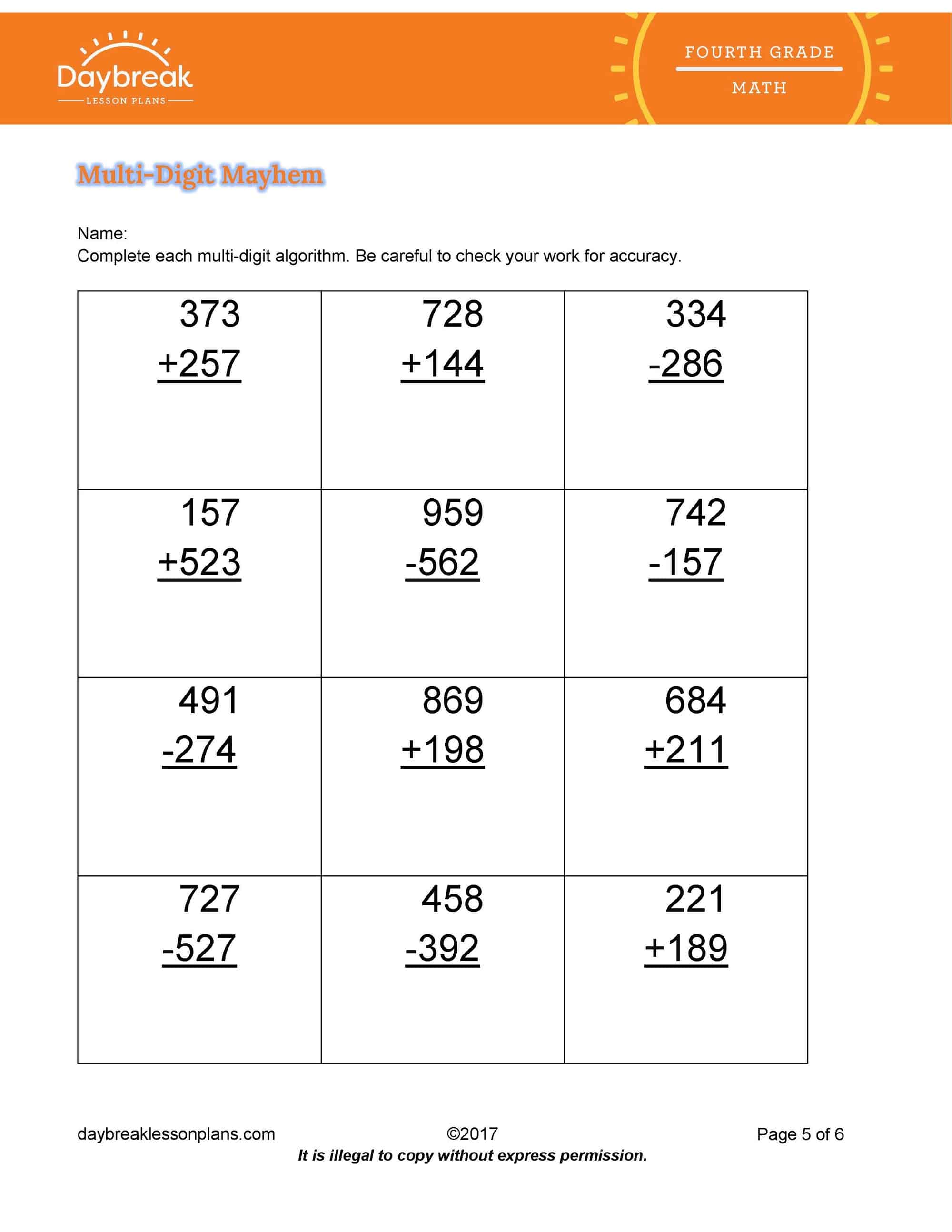 Adding And Subtracting Multi Digit Numbers Worksheet