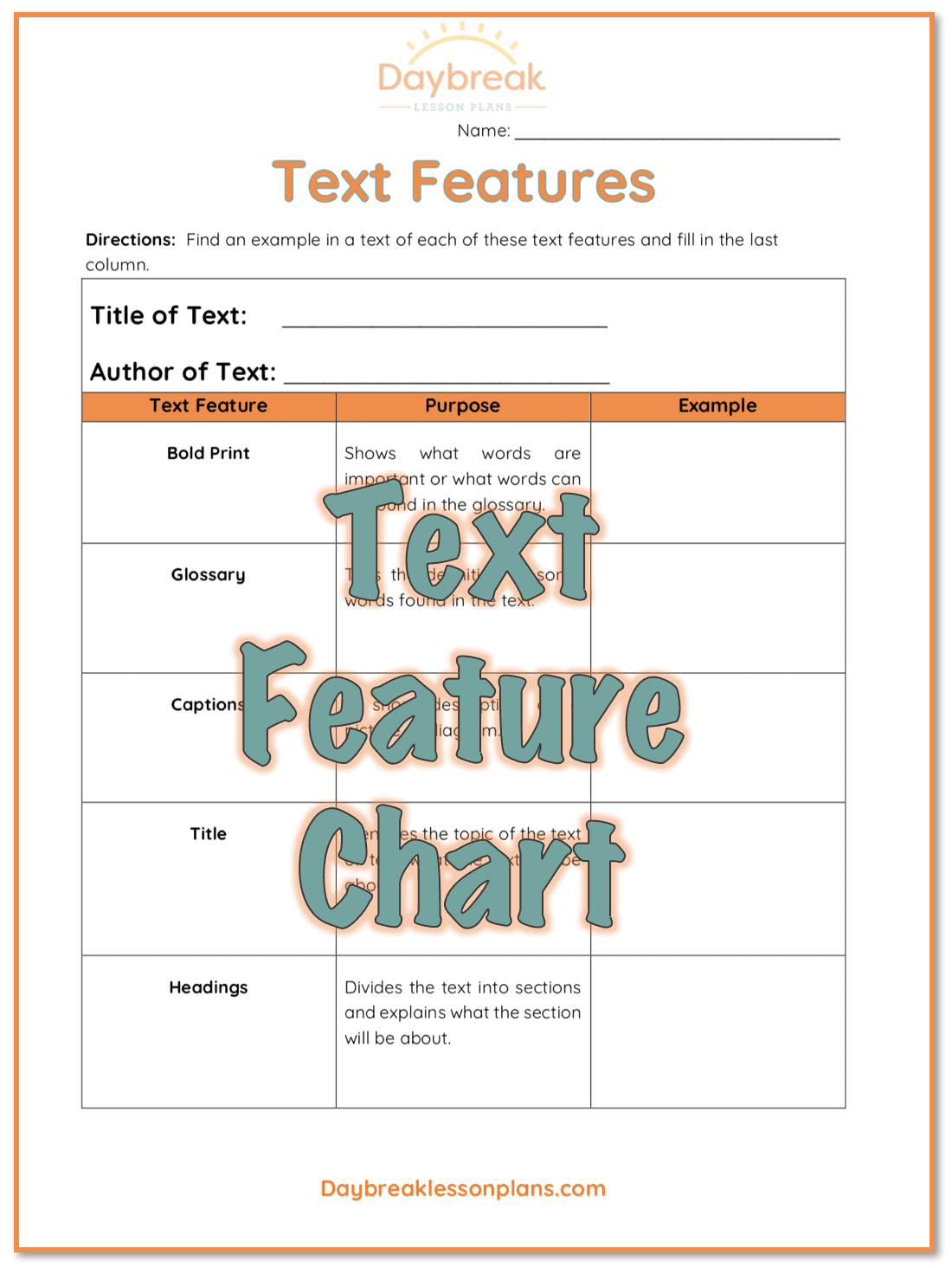 Text Features Chart Daybreak Lessons