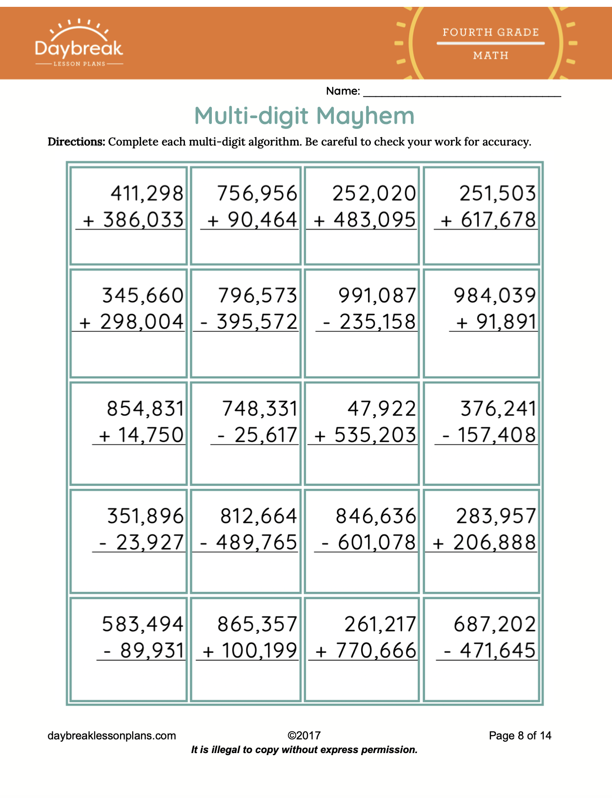 4th Grade Math Addition Subtraction Of Multi Digit Numbers